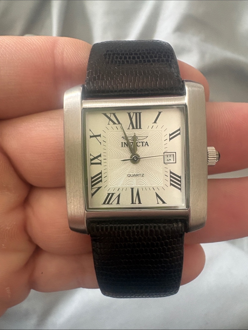Invicta Silver Case White Dial Black Leather-Strap Square Watch (need battery)